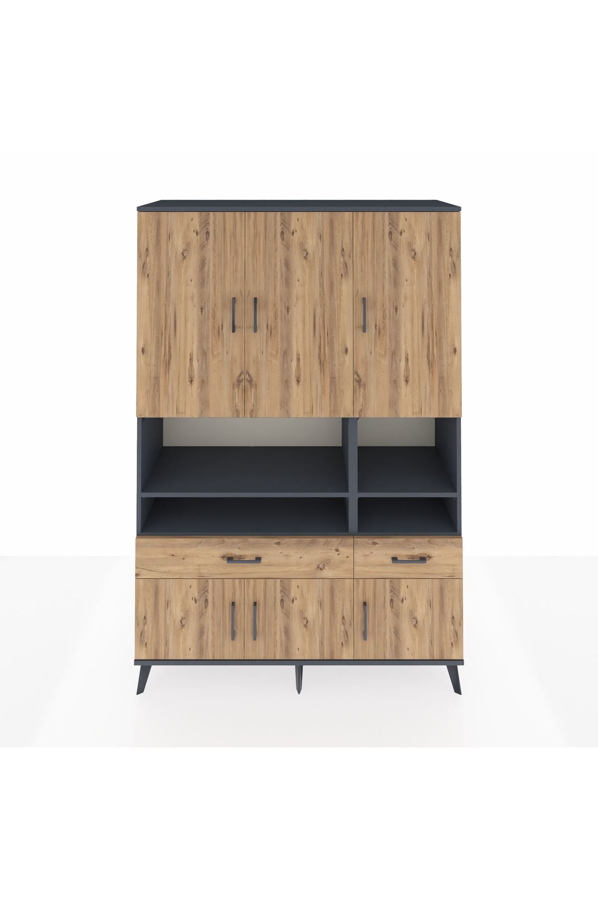 Hyperion Dolap 8 Raflı 2 Çekmeceli 6 Kapaklı 132x44x195 Antrasit-Çam/Çam