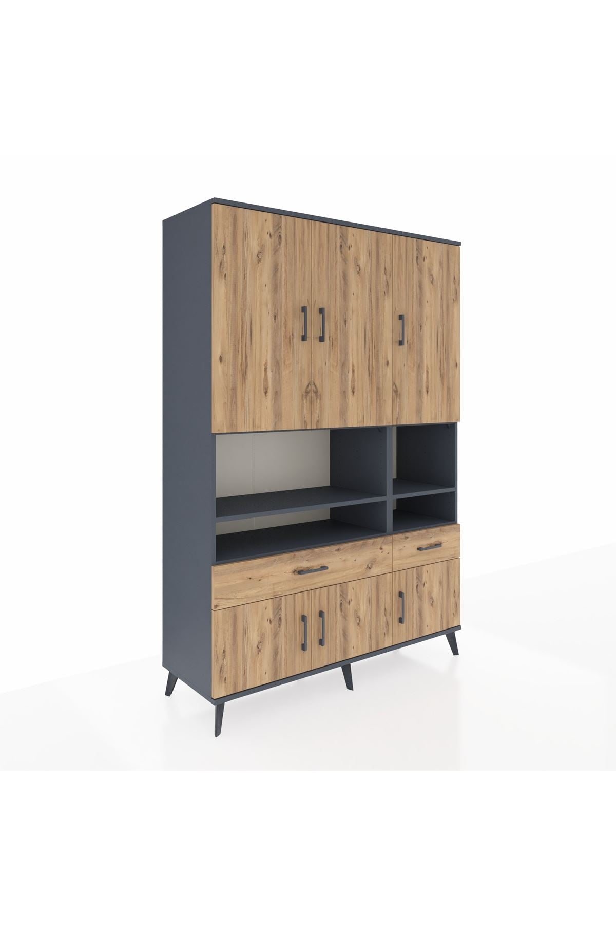 Hyperion Dolap 8 Raflı 2 Çekmeceli 6 Kapaklı 132x44x195 Antrasit-Çam/Çam