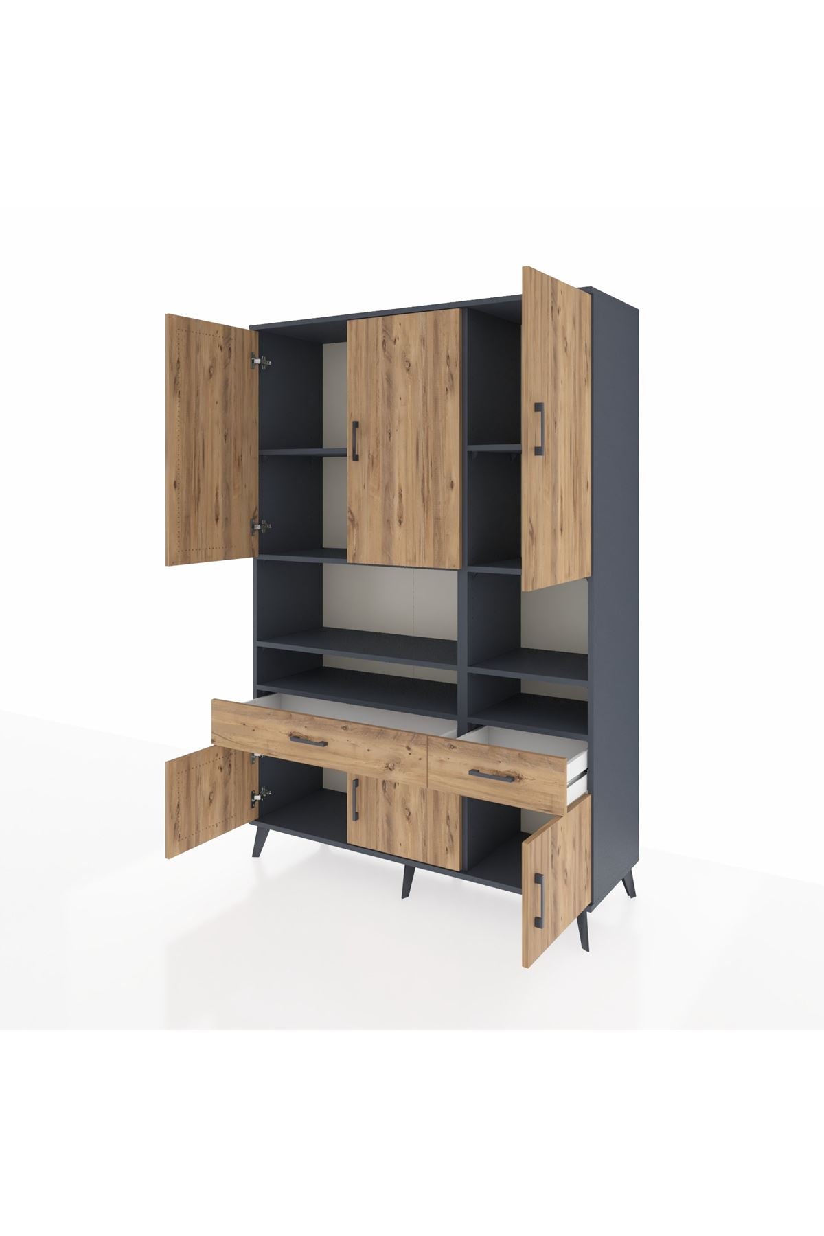 Hyperion Dolap 8 Raflı 2 Çekmeceli 6 Kapaklı 132x44x195 Antrasit-Çam/Çam