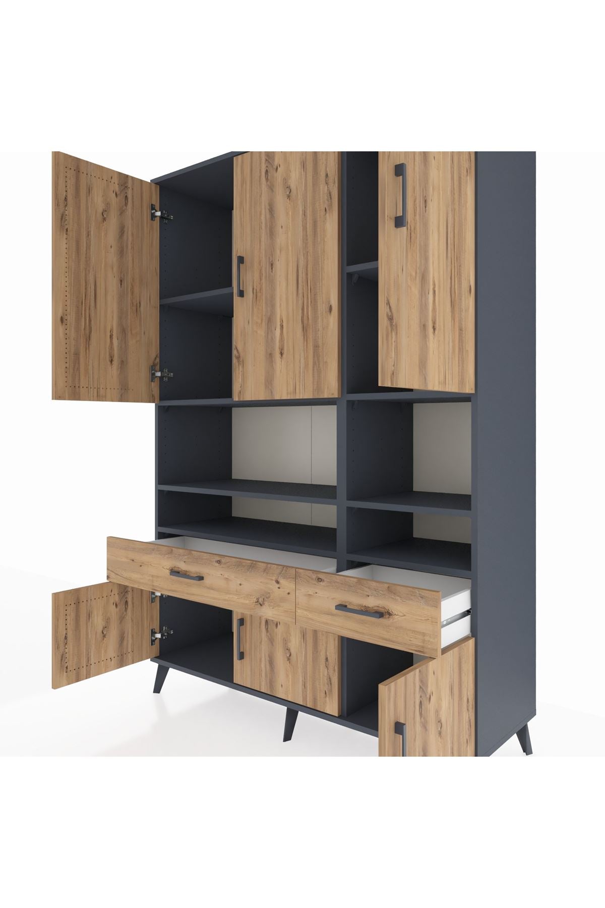 Hyperion Dolap 8 Raflı 2 Çekmeceli 6 Kapaklı 132x44x195 Antrasit-Çam/Çam