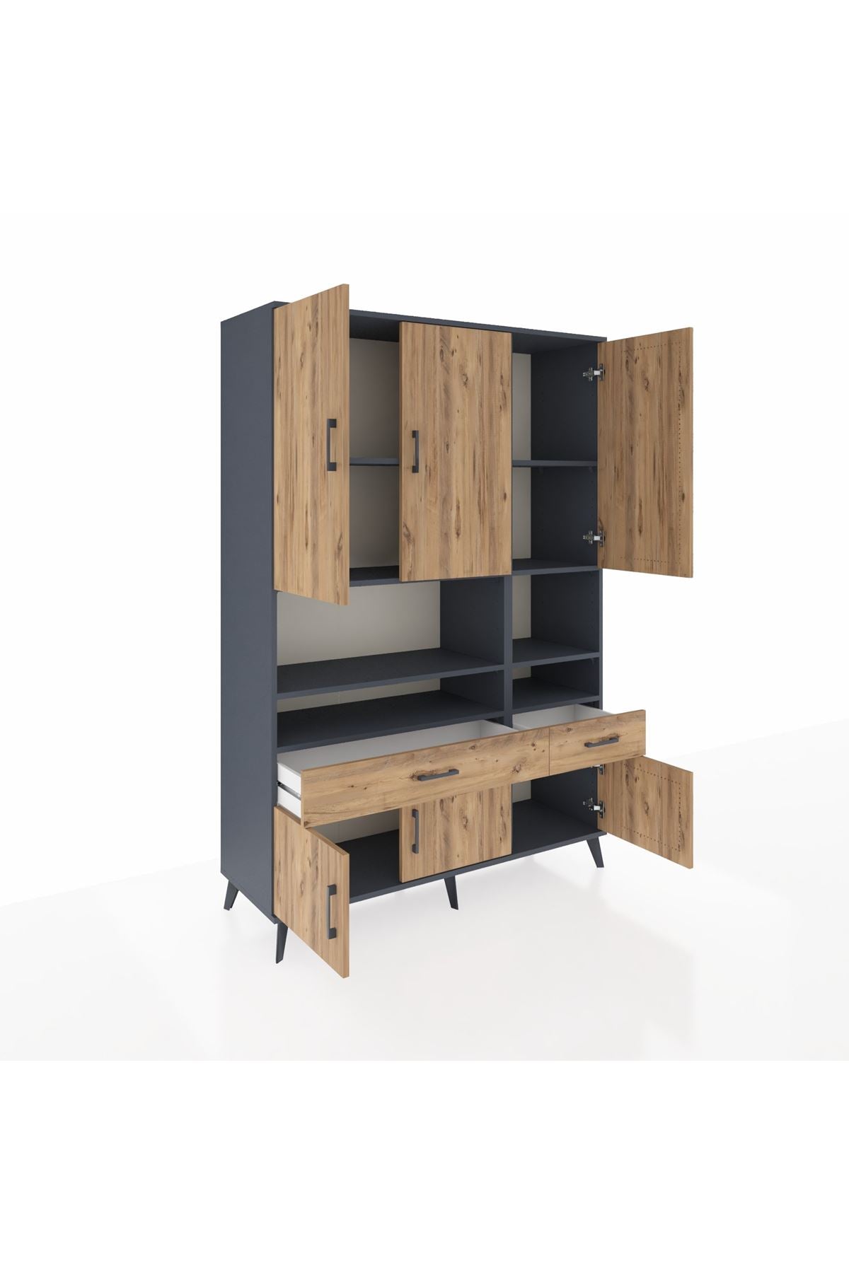 Hyperion Dolap 8 Raflı 2 Çekmeceli 6 Kapaklı 132x44x195 Antrasit-Çam/Çam