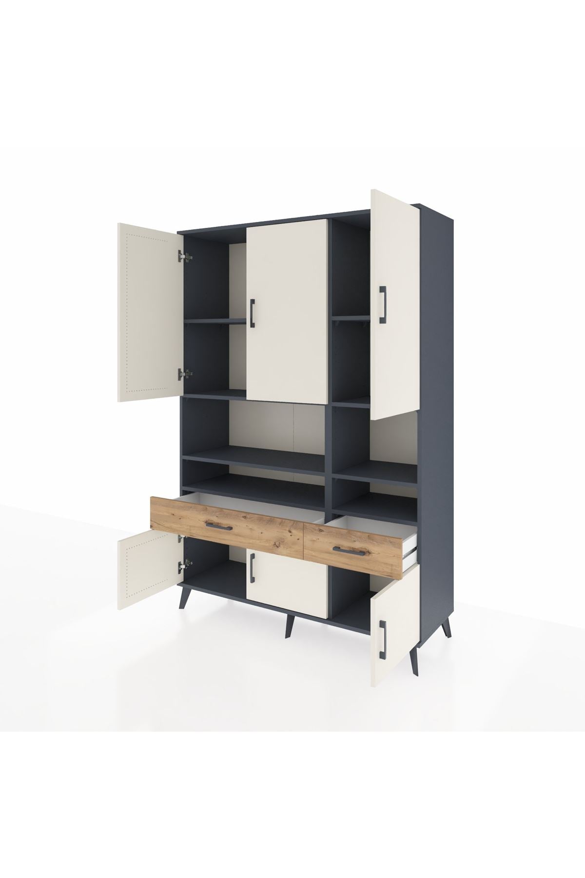 Hyperion Dolap 8 Raflı 2 Çekmeceli 6 Kapaklı 132x44x195 Antrasit-Aytaşı/Çam