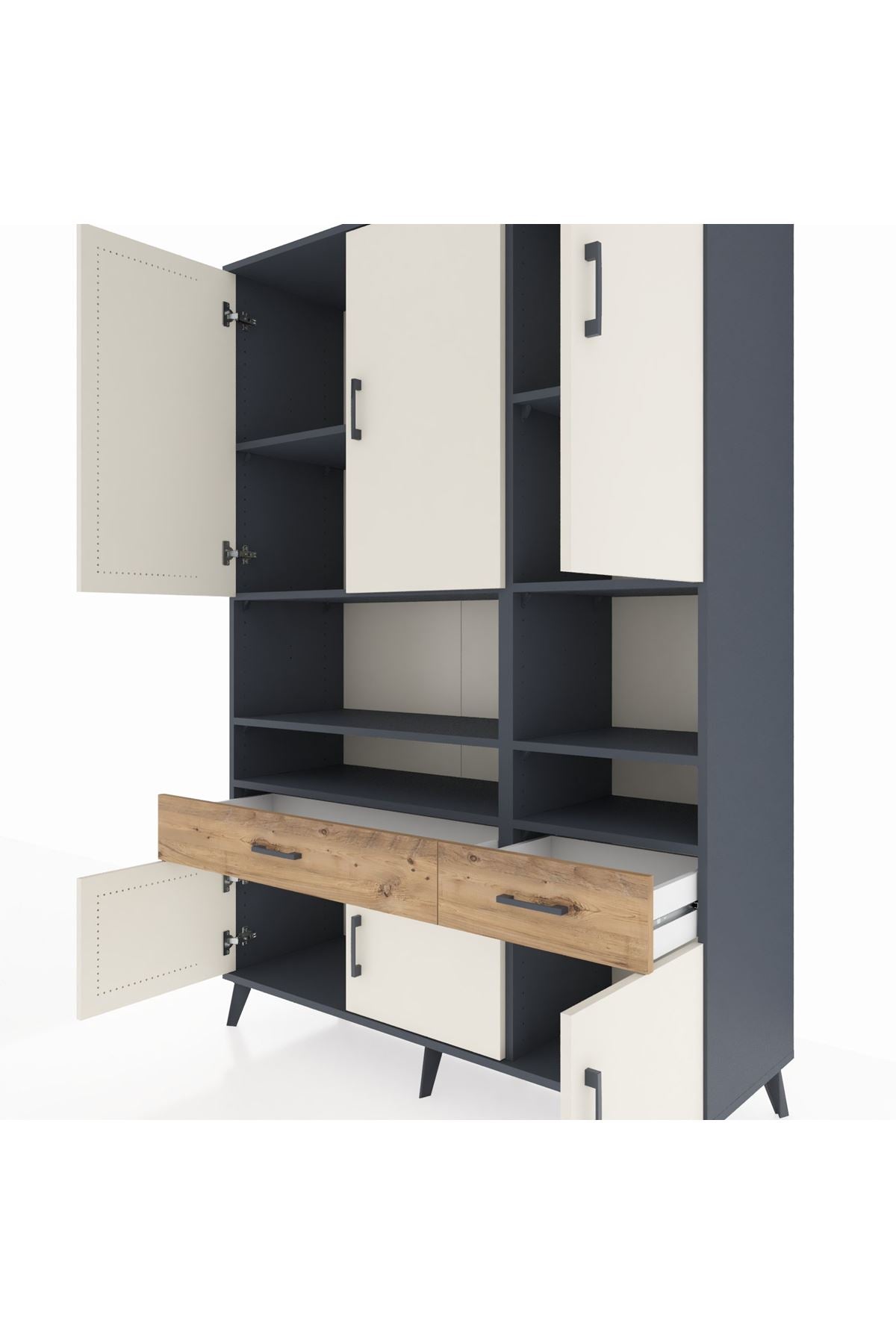 Hyperion Dolap 8 Raflı 2 Çekmeceli 6 Kapaklı 132x44x195 Antrasit-Aytaşı/Çam