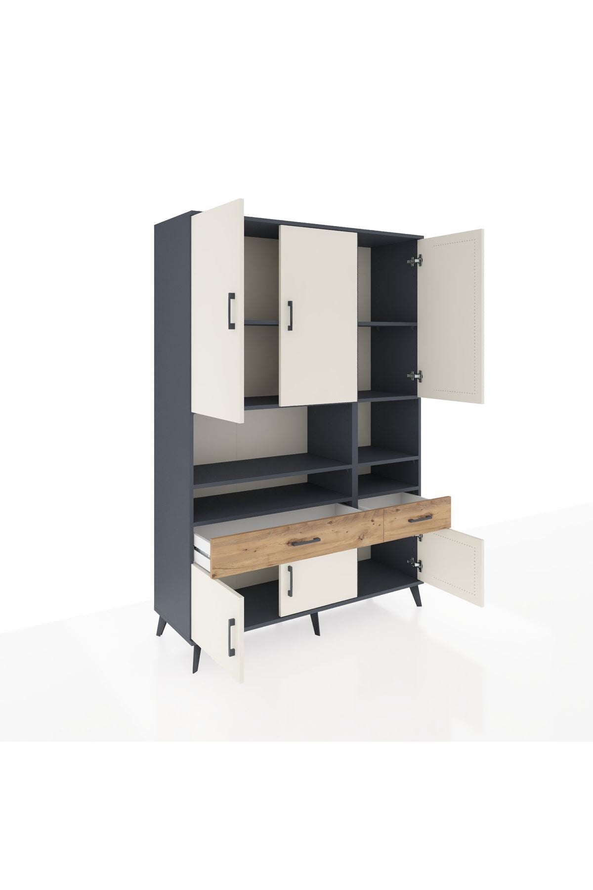 Hyperion Dolap 8 Raflı 2 Çekmeceli 6 Kapaklı 132x44x195 Antrasit-Aytaşı/Çam