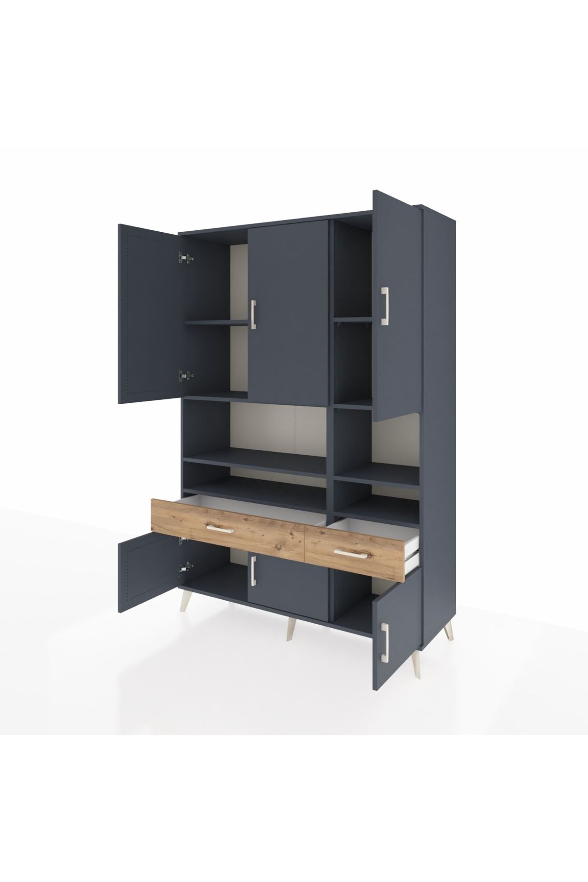 Hyperion Dolap 8 Raflı 2 Çekmeceli 6 Kapaklı 132x44x195 Antrasit-Antrasit/Çam