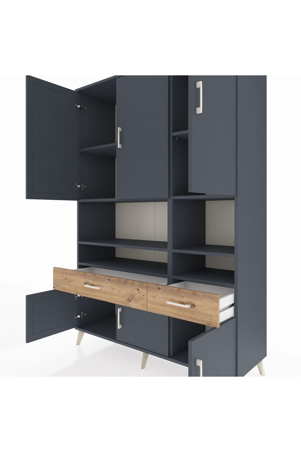 Hyperion Dolap 8 Raflı 2 Çekmeceli 6 Kapaklı 132x44x195 Antrasit-Antrasit/Çam