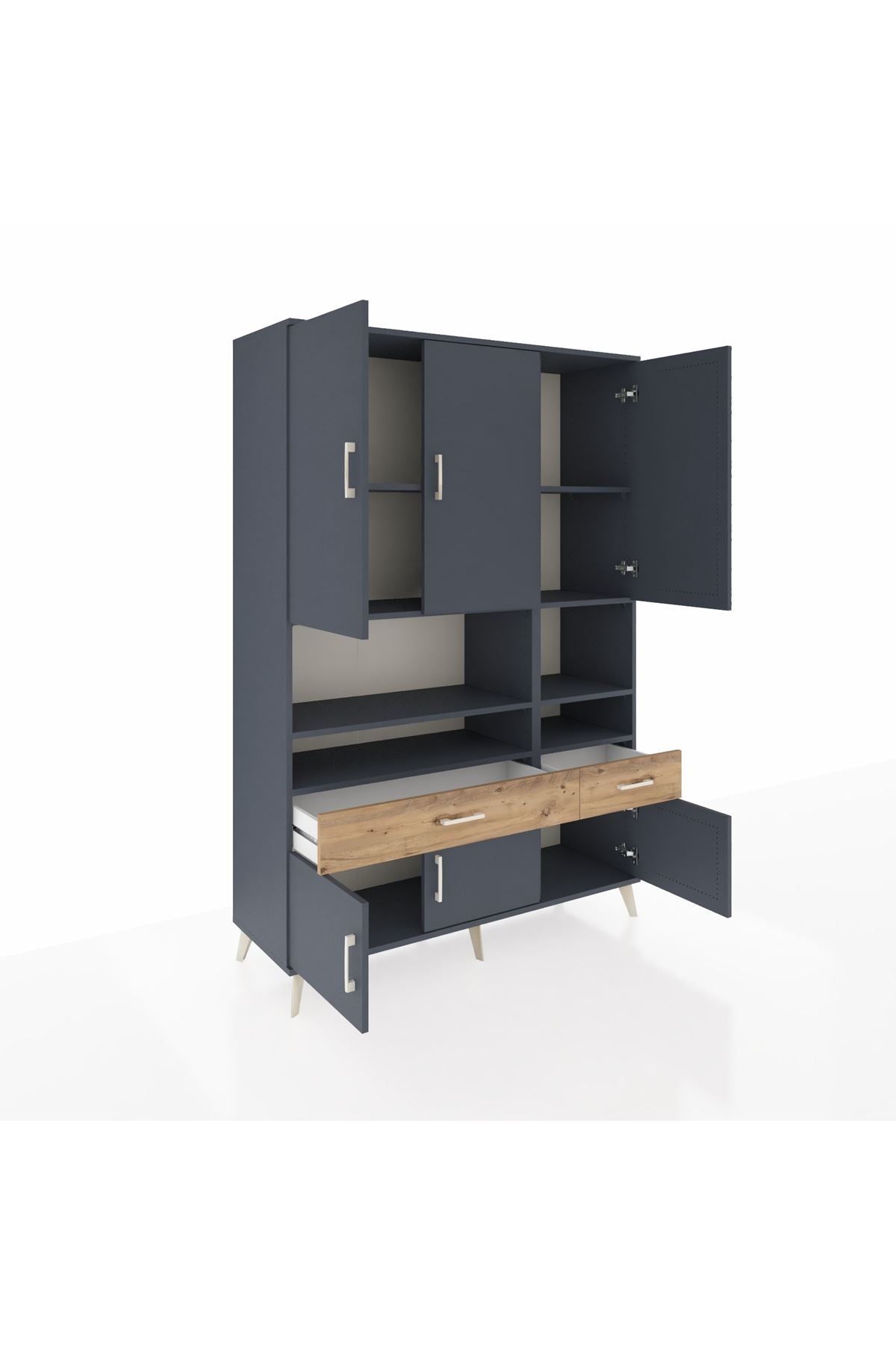 Hyperion Dolap 8 Raflı 2 Çekmeceli 6 Kapaklı 132x44x195 Antrasit-Antrasit/Çam