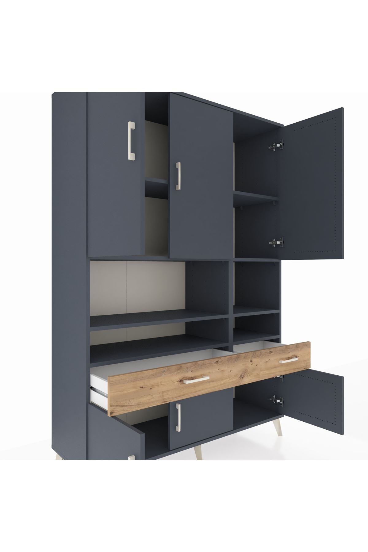 Hyperion Dolap 8 Raflı 2 Çekmeceli 6 Kapaklı 132x44x195 Antrasit-Antrasit/Çam