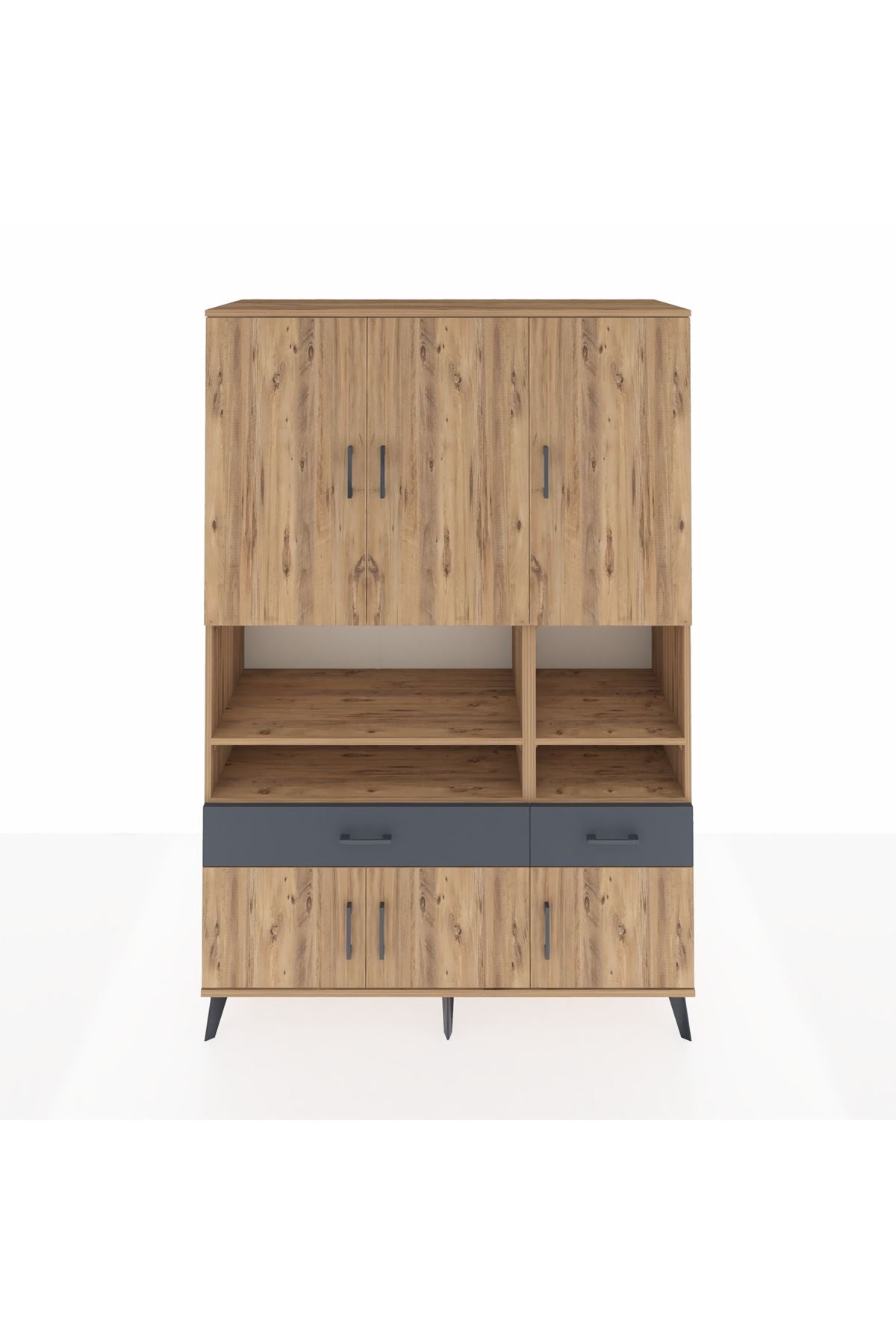 Hyperion Dolap 8 Raflı 2 Çekmeceli 6 Kapaklı 132x44x195 Çam-Çam/Antrasit