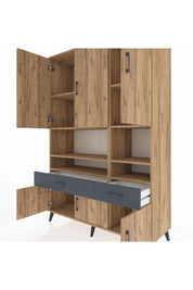 Hyperion Dolap 8 Raflı 2 Çekmeceli 6 Kapaklı 132x44x195 Çam-Çam/Antrasit