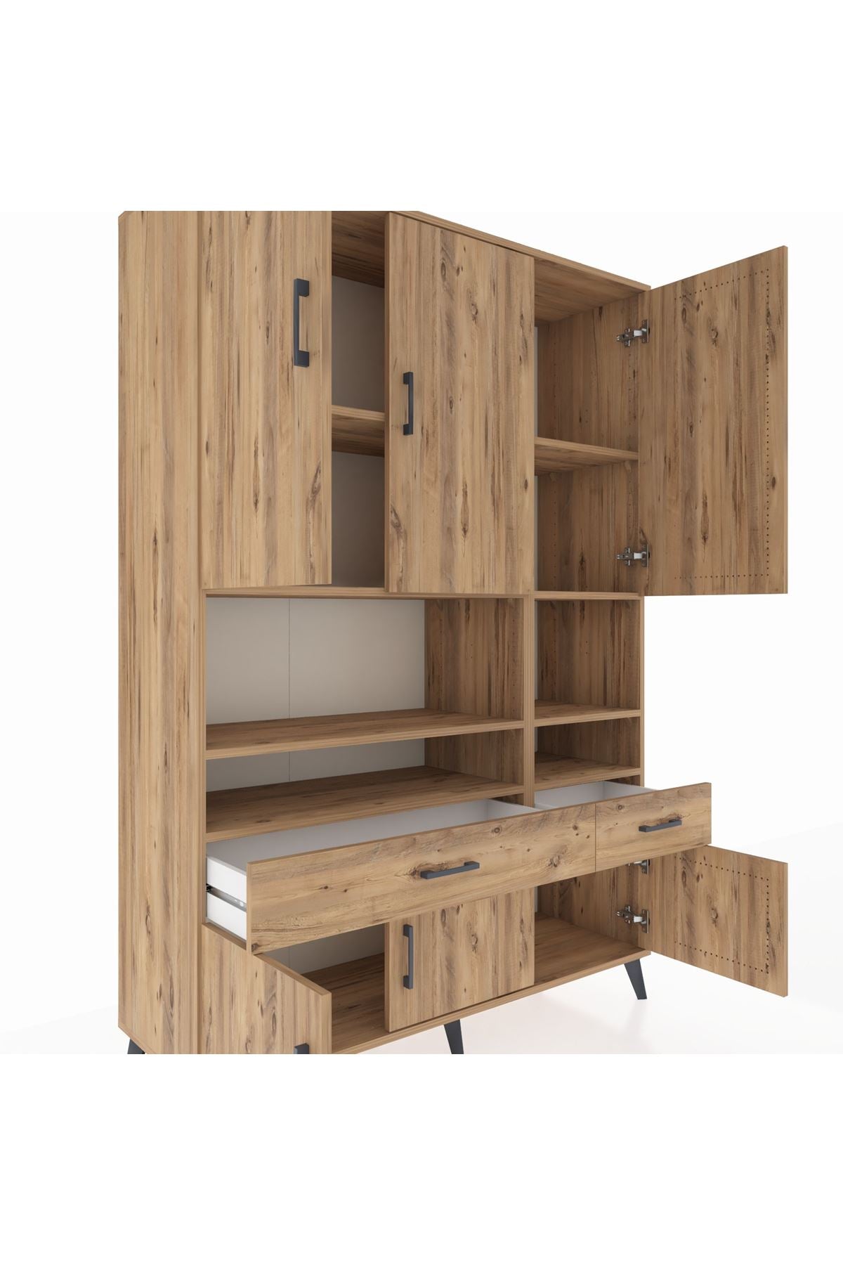 Hyperion Dolap 8 Raflı 2 Çekmeceli 6 Kapaklı 132x44x195 Çam-Çam/Çam