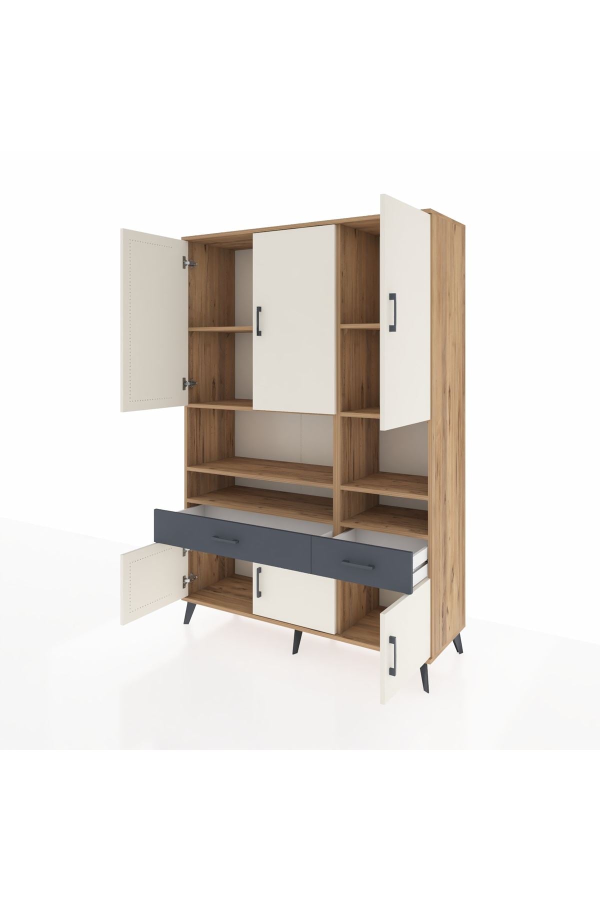 Hyperion Dolap 8 Raflı 2 Çekmeceli 6 Kapaklı 132x44x195 Çam-Aytaşı/Antrasit