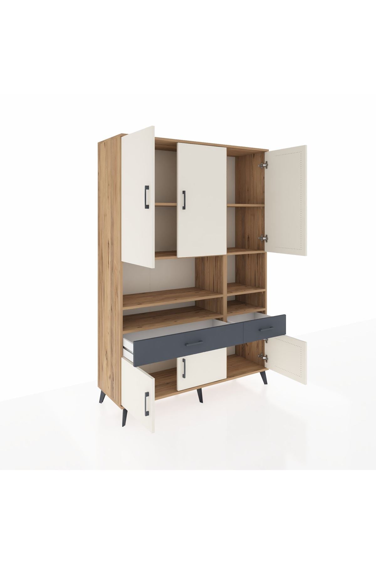 Hyperion Dolap 8 Raflı 2 Çekmeceli 6 Kapaklı 132x44x195 Çam-Aytaşı/Antrasit