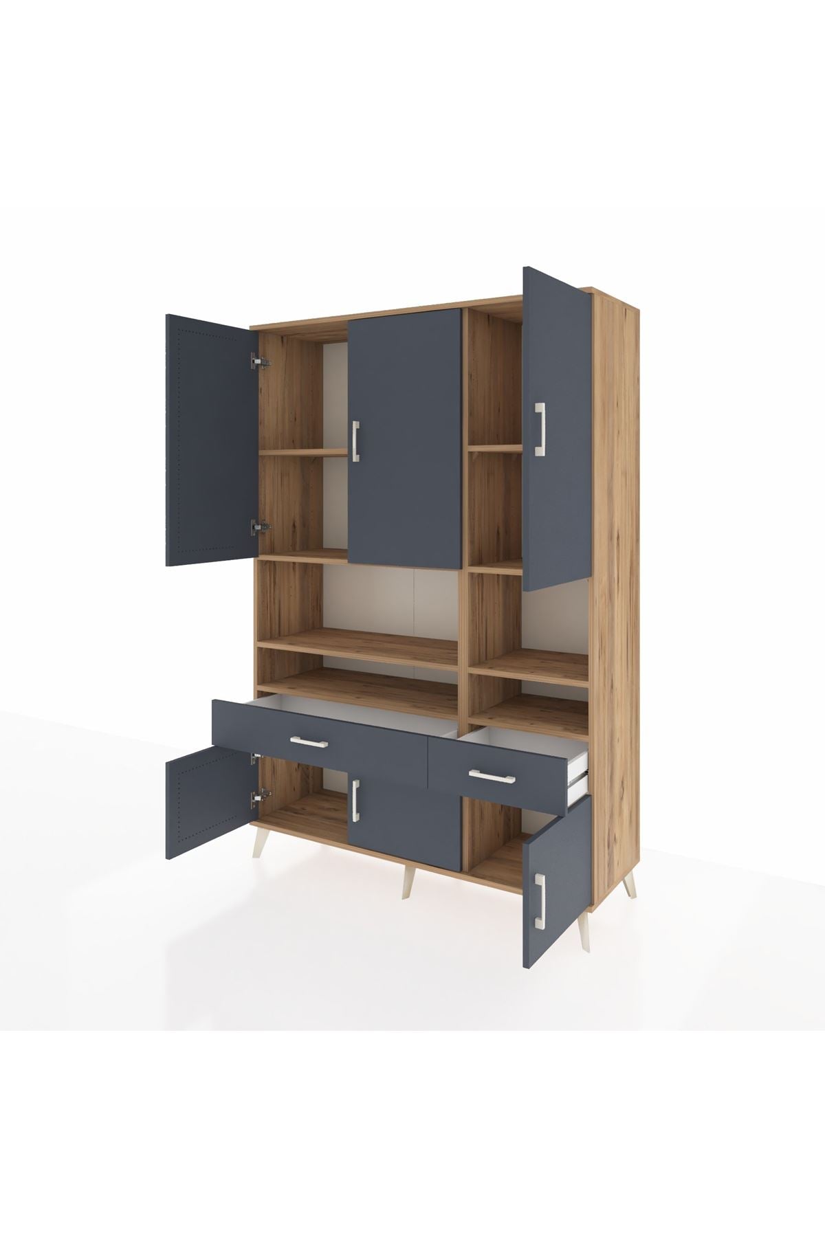 Hyperion Dolap 8 Raflı 2 Çekmeceli 6 Kapaklı 132x44x195 Çam-Antrasit/Antrasit