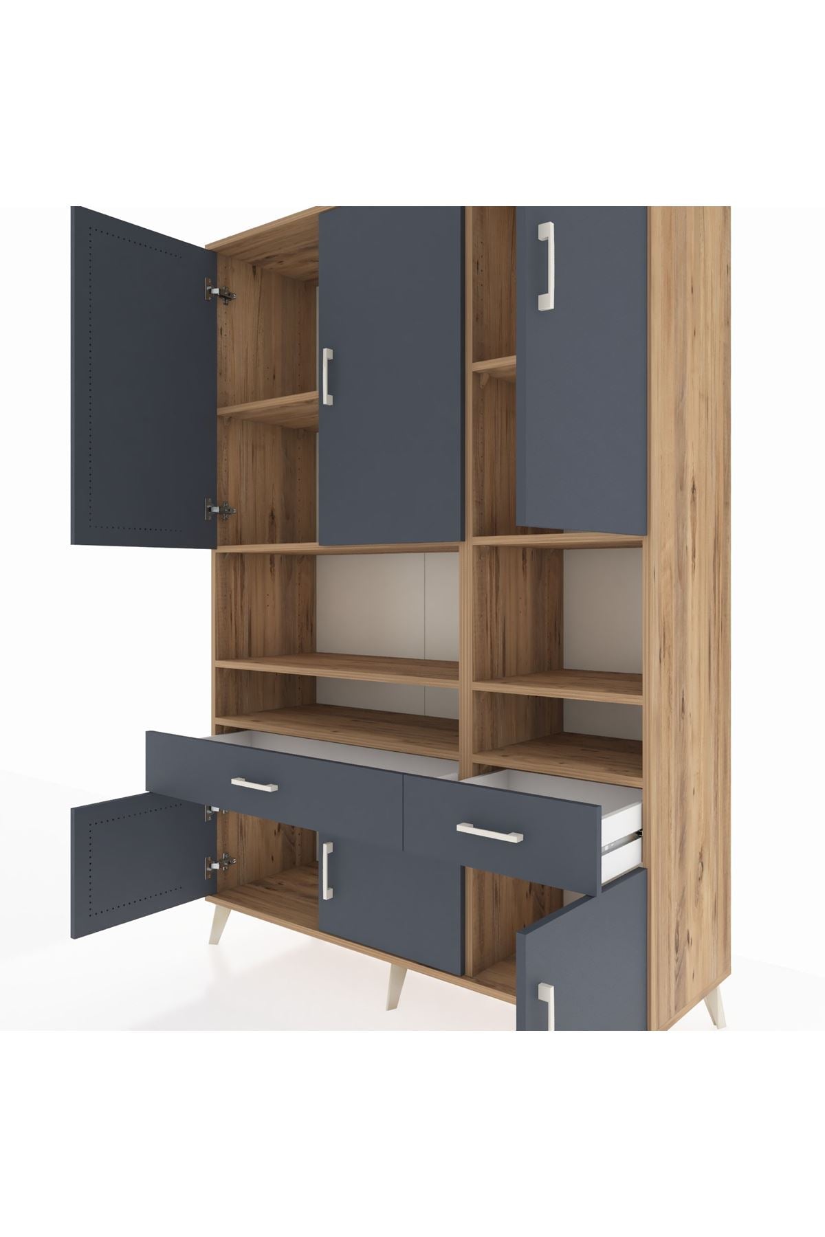 Hyperion Dolap 8 Raflı 2 Çekmeceli 6 Kapaklı 132x44x195 Çam-Antrasit/Antrasit