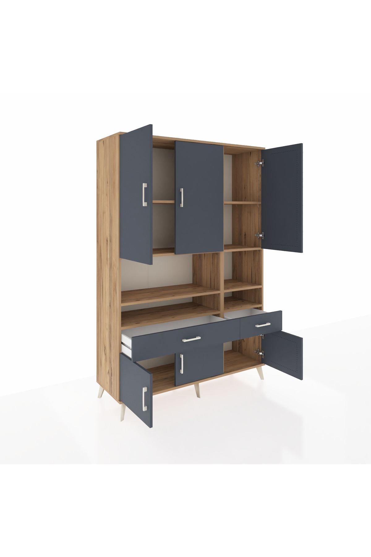 Hyperion Dolap 8 Raflı 2 Çekmeceli 6 Kapaklı 132x44x195 Çam-Antrasit/Antrasit