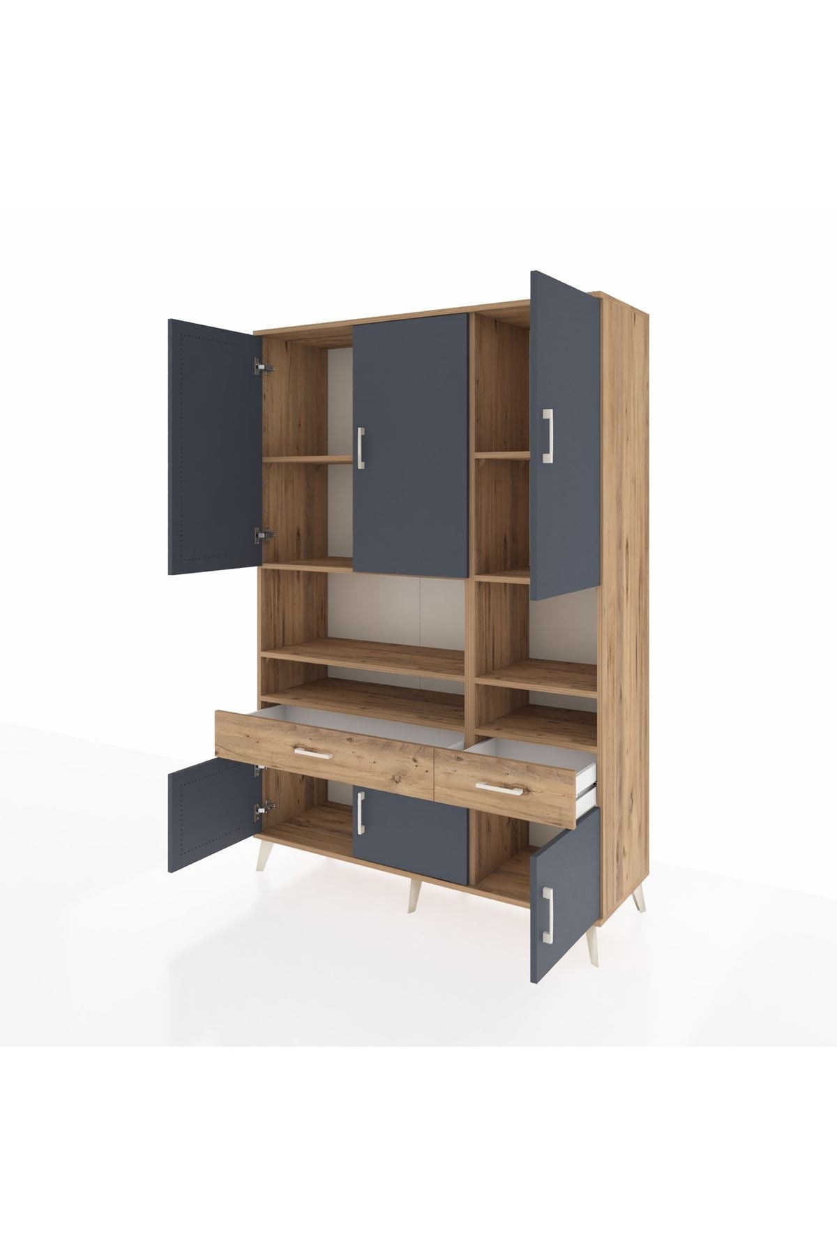 Hyperion Dolap 8 Raflı 2 Çekmeceli 6 Kapaklı 132x44x195 Çam-Antrasit/Çam