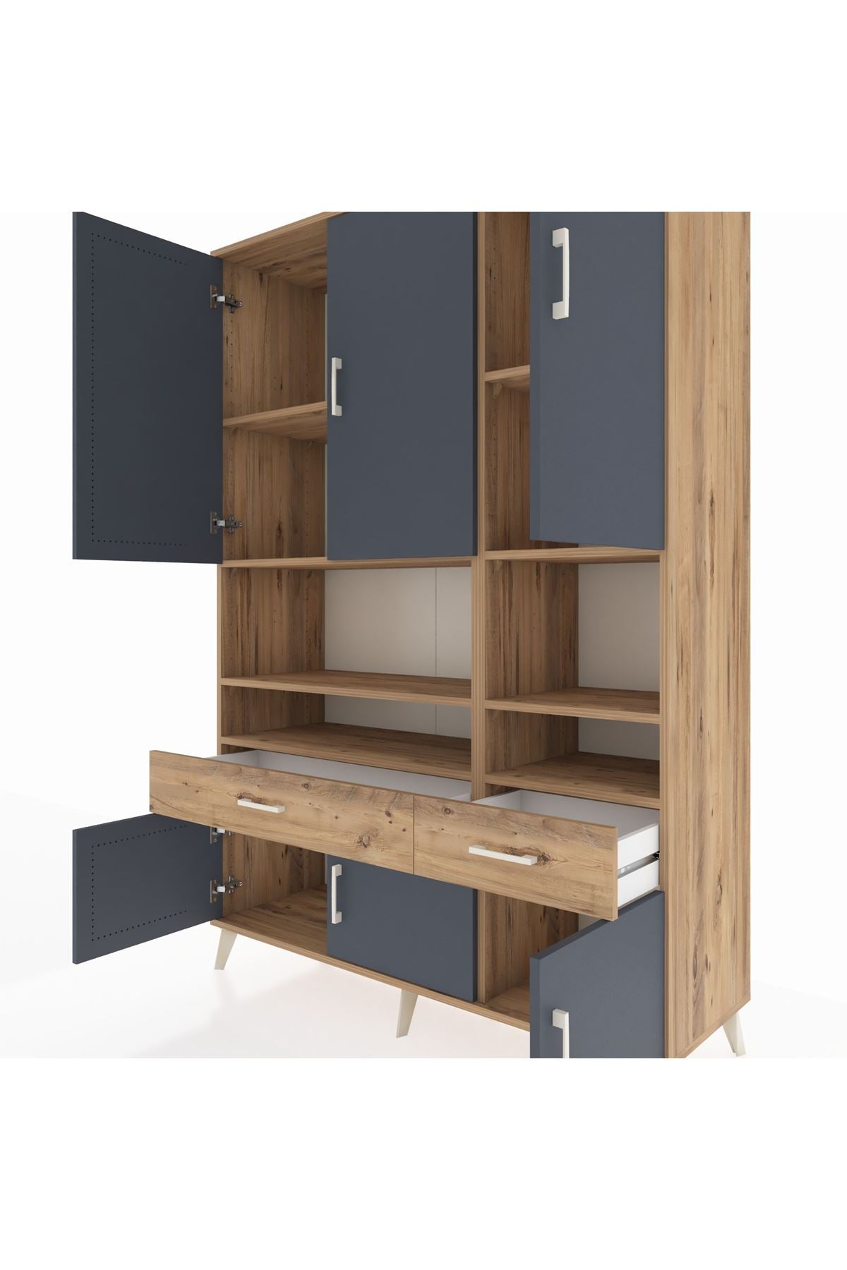 Hyperion Dolap 8 Raflı 2 Çekmeceli 6 Kapaklı 132x44x195 Çam-Antrasit/Çam