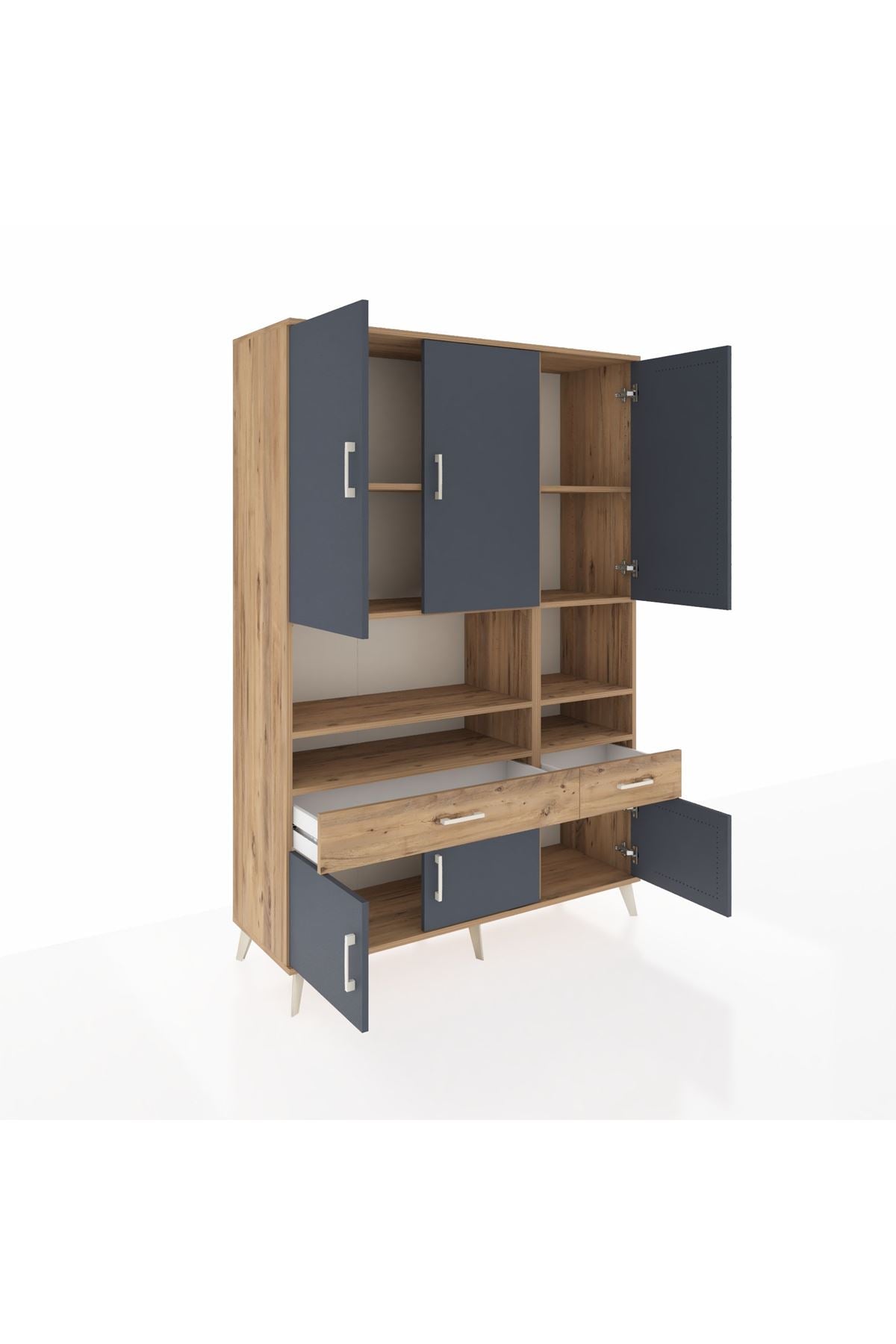 Hyperion Dolap 8 Raflı 2 Çekmeceli 6 Kapaklı 132x44x195 Çam-Antrasit/Çam