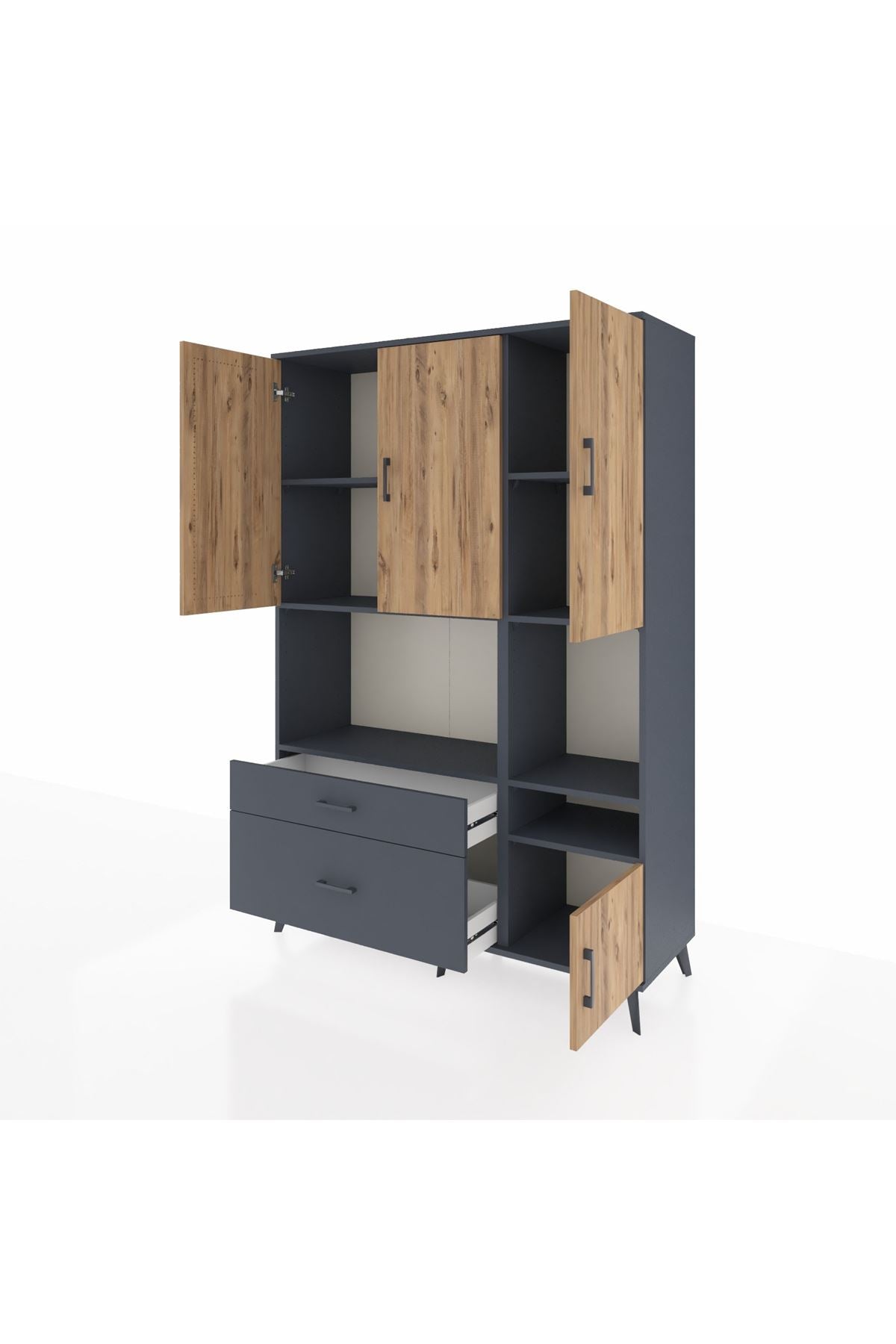 Hyperion Dolap 7 Raflı 2 Çekmeceli 4 Kapaklı 132x44x195 Antrasit-Çam/Antrasit