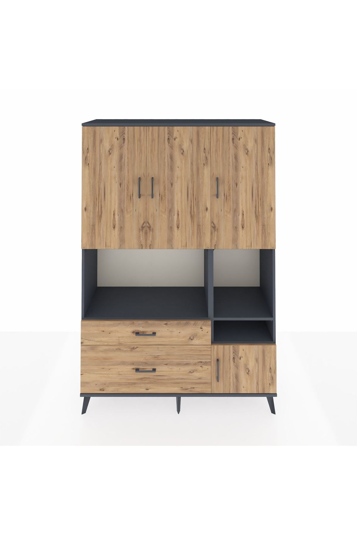 Hyperion Dolap 7 Raflı 2 Çekmeceli 4 Kapaklı 132x44x195 Antrasit-Çam/Çam