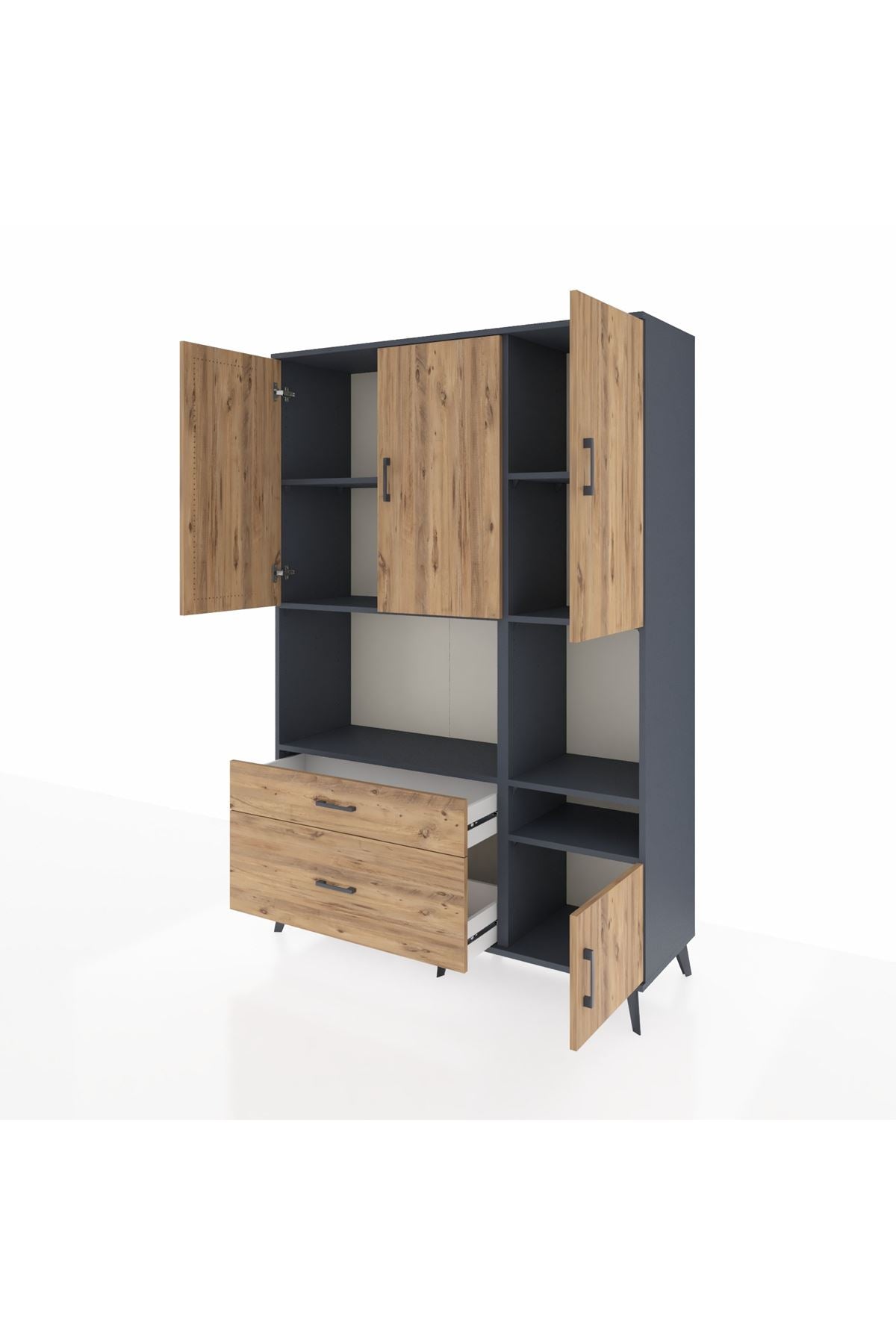 Hyperion Dolap 7 Raflı 2 Çekmeceli 4 Kapaklı 132x44x195 Antrasit-Çam/Çam