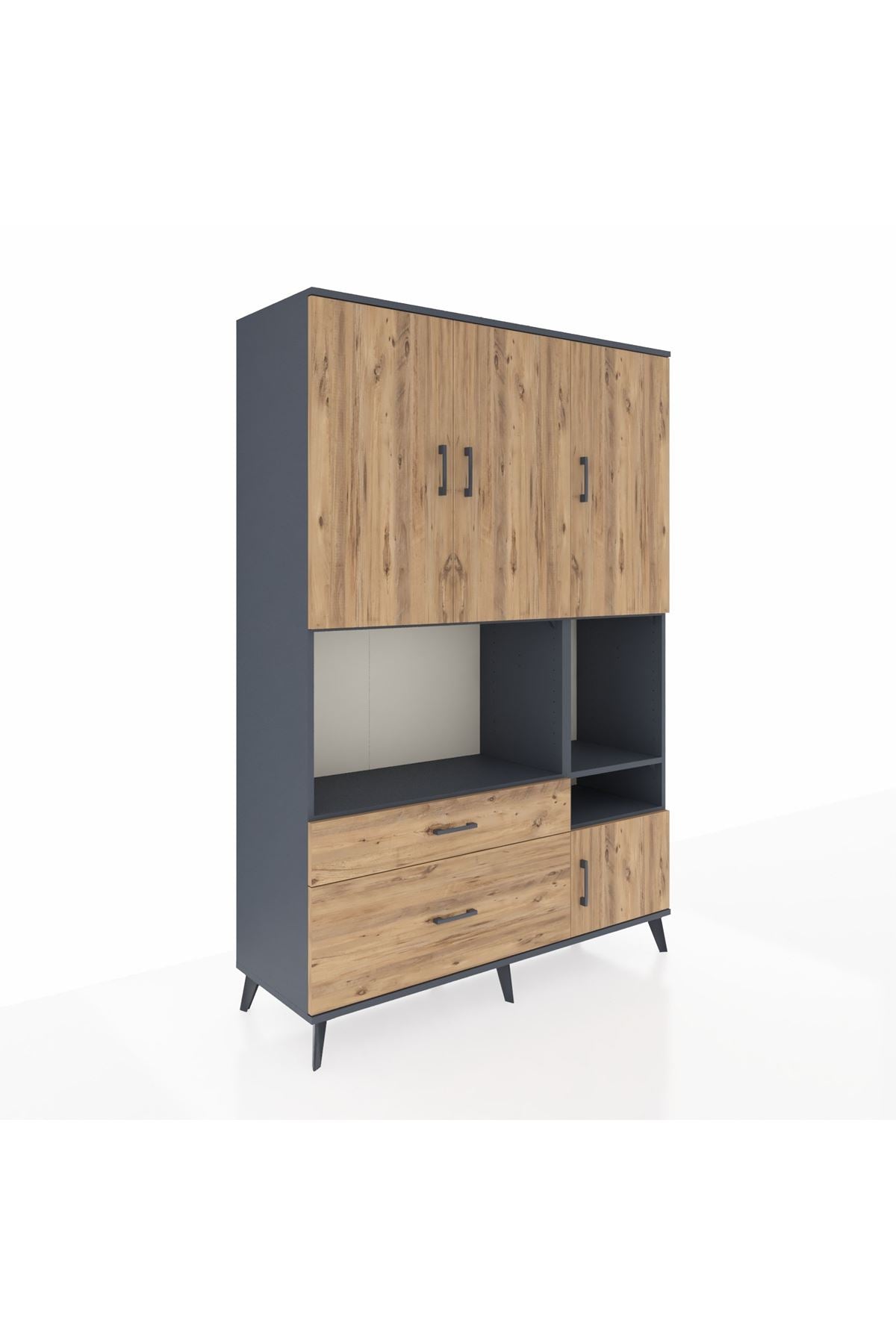 Hyperion Dolap 7 Raflı 2 Çekmeceli 4 Kapaklı 132x44x195 Antrasit-Çam/Çam