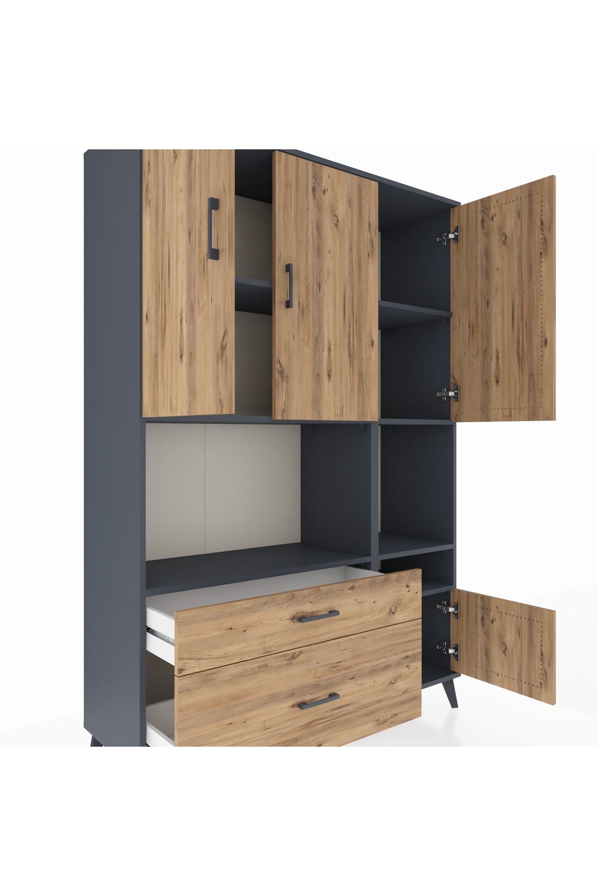 Hyperion Dolap 7 Raflı 2 Çekmeceli 4 Kapaklı 132x44x195 Antrasit-Çam/Çam