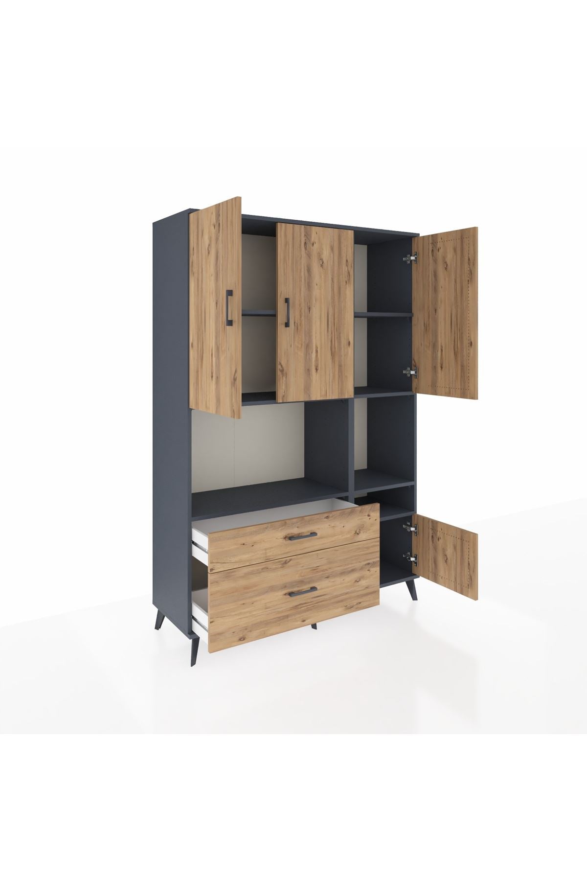 Hyperion Dolap 7 Raflı 2 Çekmeceli 4 Kapaklı 132x44x195 Antrasit-Çam/Çam