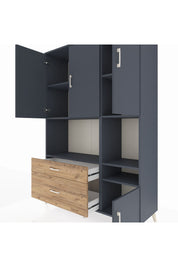 Hyperion Dolap 7 Raflı 2 Çekmeceli 4 Kapaklı 132x44x195 Antrasit-Antrasit/Çam