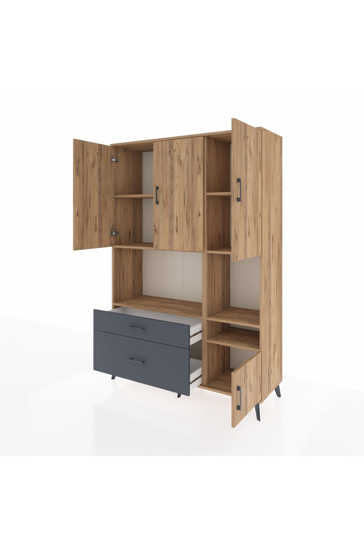 Hyperion Dolap 7 Raflı 2 Çekmeceli 4 Kapaklı 132x44x195 Çam-Çam/Antrasit