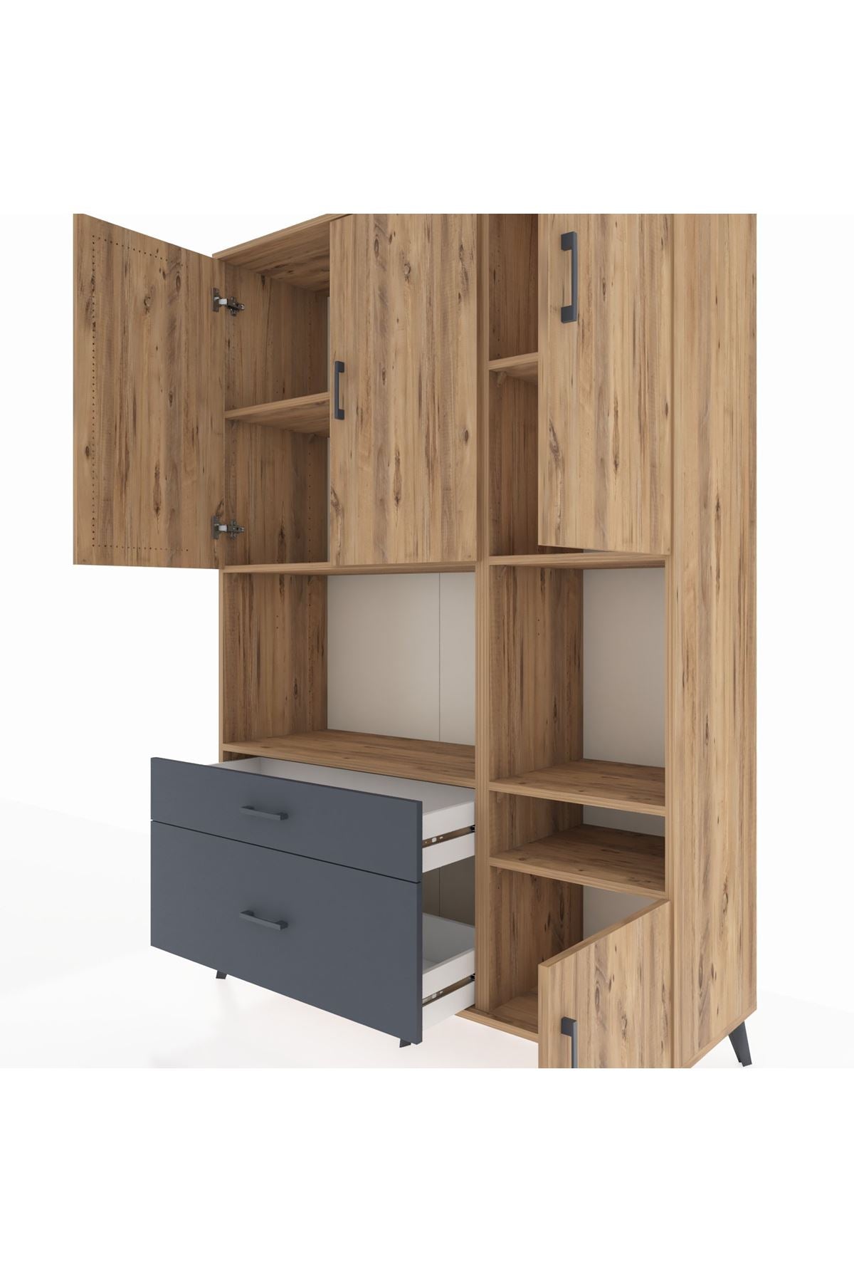 Hyperion Dolap 7 Raflı 2 Çekmeceli 4 Kapaklı 132x44x195 Çam-Çam/Antrasit