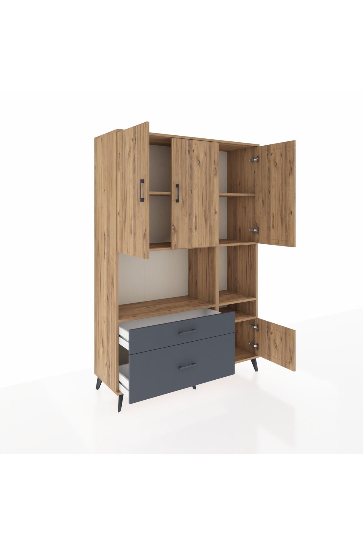 Hyperion Dolap 7 Raflı 2 Çekmeceli 4 Kapaklı 132x44x195 Çam-Çam/Antrasit