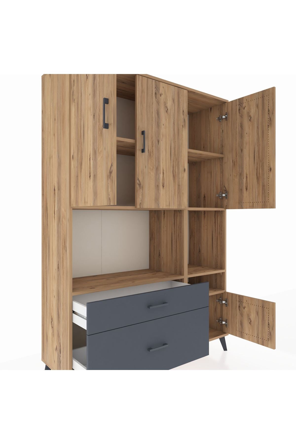 Hyperion Dolap 7 Raflı 2 Çekmeceli 4 Kapaklı 132x44x195 Çam-Çam/Antrasit