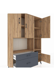 Hyperion Dolap 7 Raflı 2 Çekmeceli 4 Kapaklı 132x44x195 Çam-Çam/Antrasit
