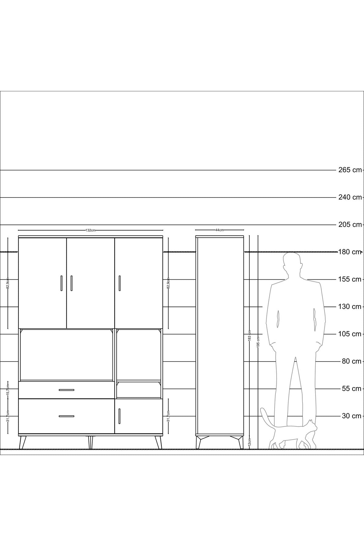 Hyperion Dolap 7 Raflı 2 Çekmeceli 4 Kapaklı 132x44x195 Çam-Çam/Antrasit