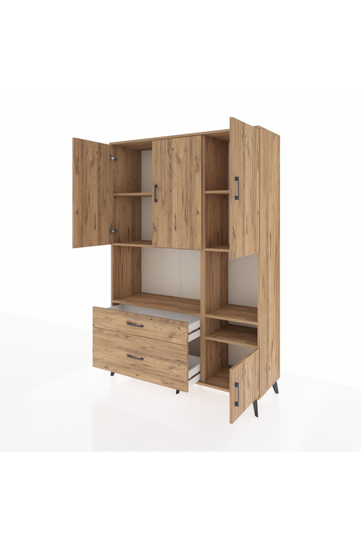 Hyperion Dolap 7 Raflı 2 Çekmeceli 4 Kapaklı 132x44x195 Çam-Çam/Çam