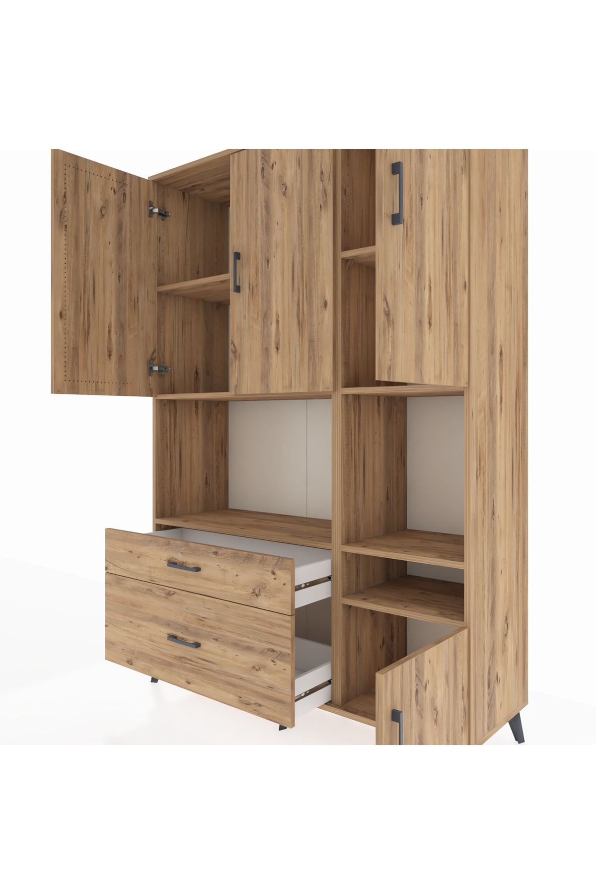 Hyperion Dolap 7 Raflı 2 Çekmeceli 4 Kapaklı 132x44x195 Çam-Çam/Çam