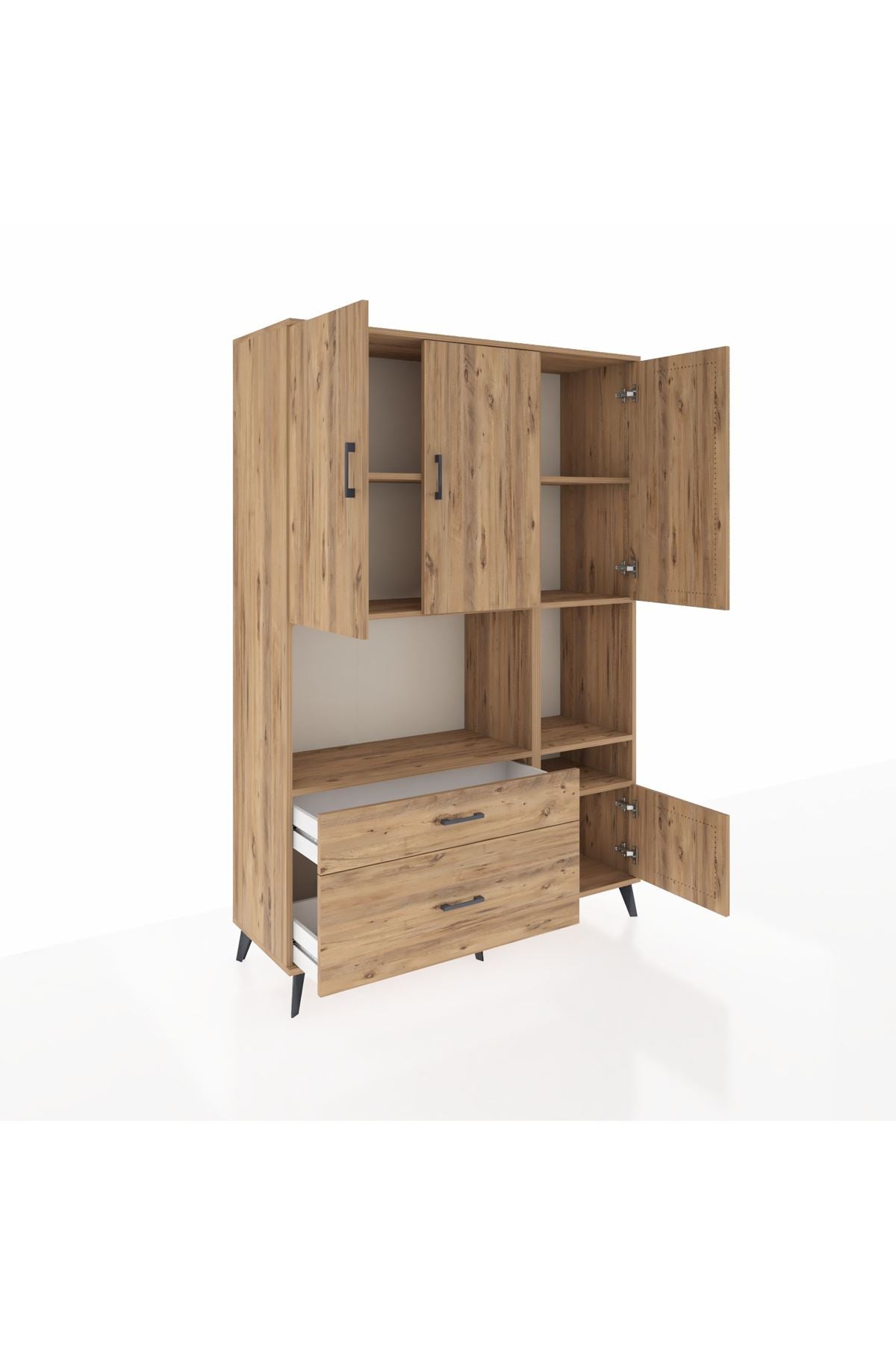 Hyperion Dolap 7 Raflı 2 Çekmeceli 4 Kapaklı 132x44x195 Çam-Çam/Çam