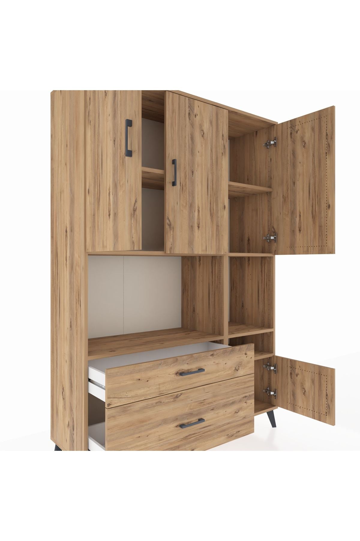 Hyperion Dolap 7 Raflı 2 Çekmeceli 4 Kapaklı 132x44x195 Çam-Çam/Çam