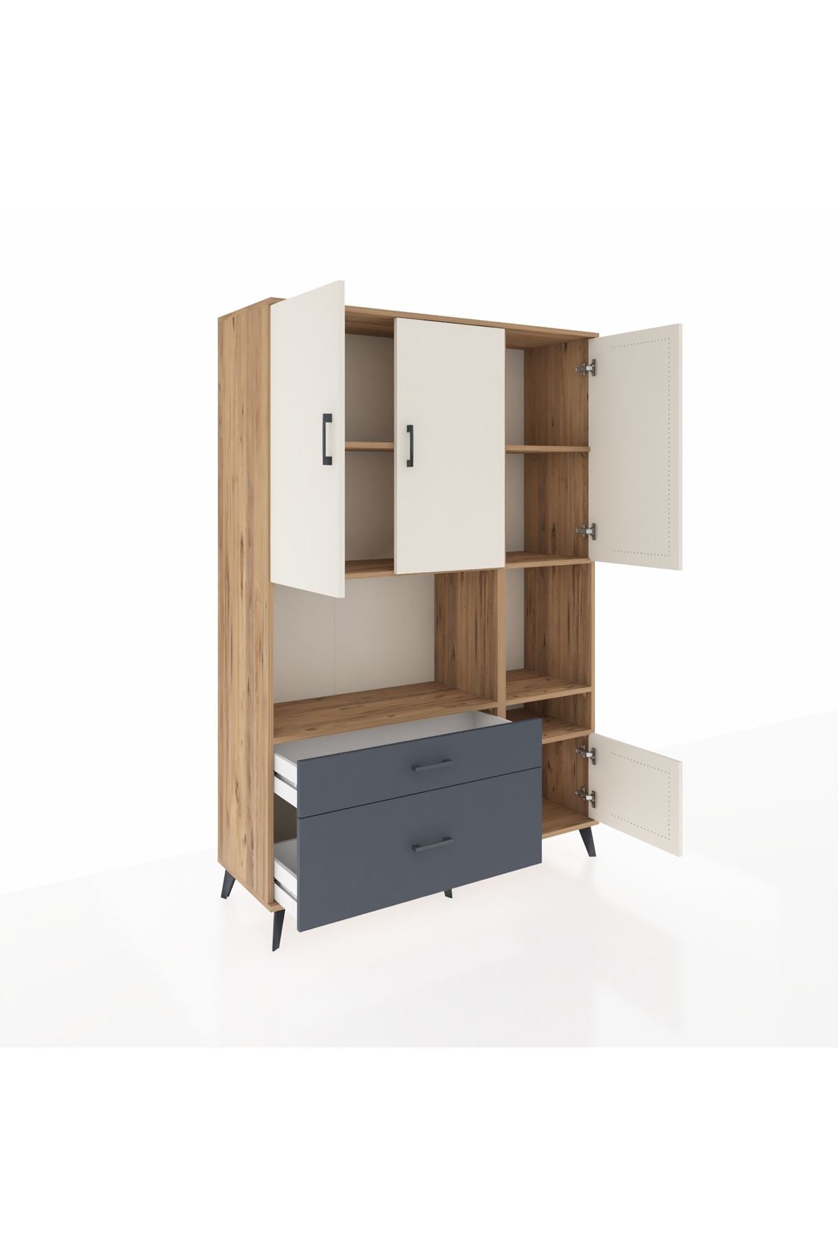 Hyperion Dolap 7 Raflı 2 Çekmeceli 4 Kapaklı 132x44x195 Çam-Aytaşı/Antrasit