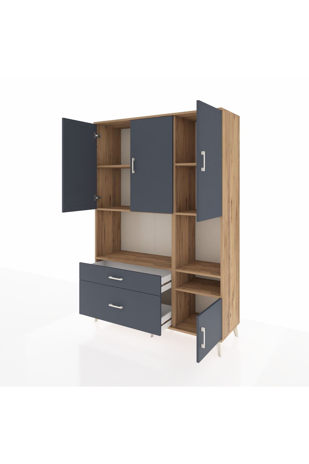 Hyperion Dolap 7 Raflı 2 Çekmeceli 4 Kapaklı 132x44x195 Çam-Antrasit/Antrasit