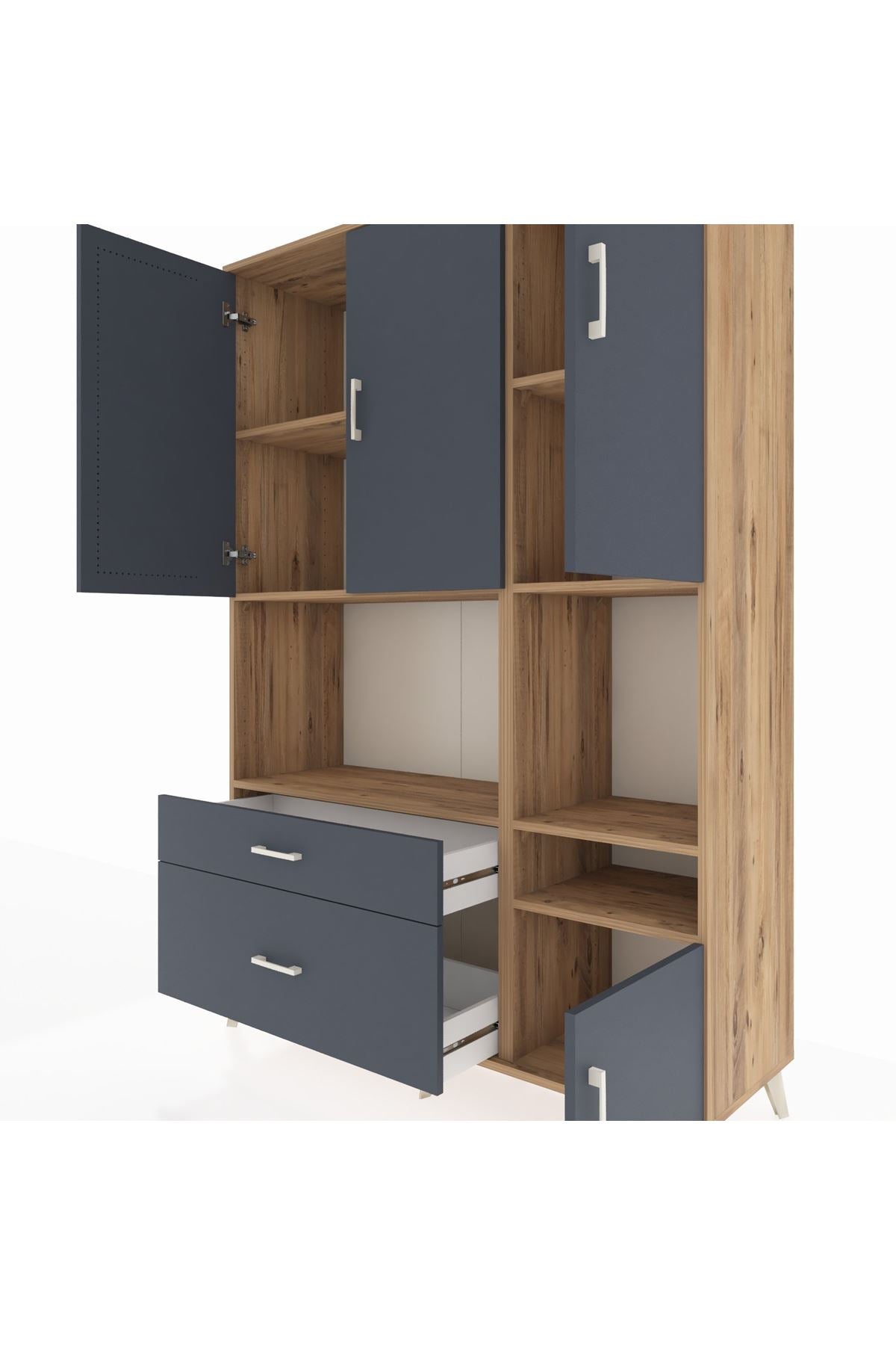 Hyperion Dolap 7 Raflı 2 Çekmeceli 4 Kapaklı 132x44x195 Çam-Antrasit/Antrasit