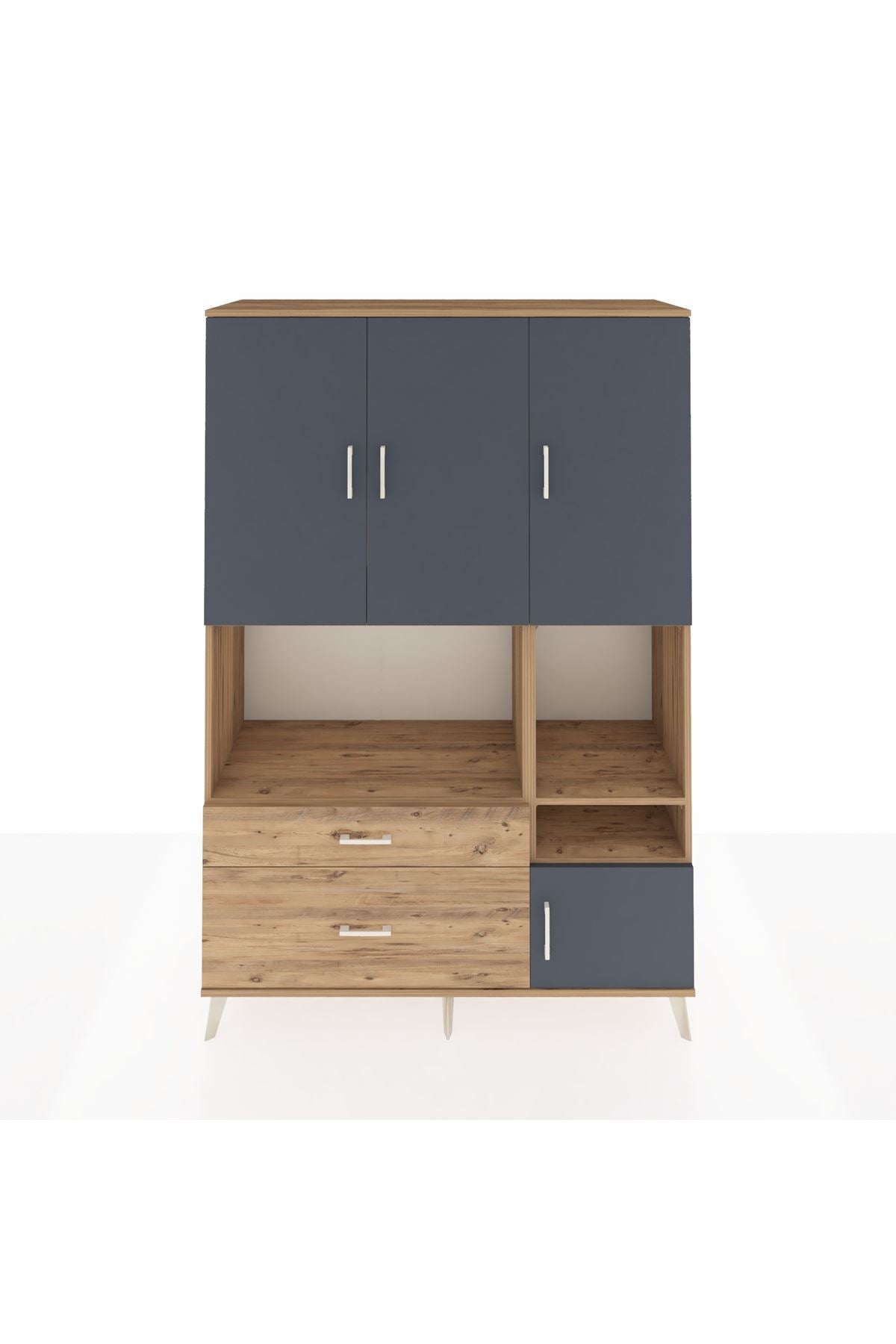 Hyperion Dolap 7 Raflı 2 Çekmeceli 4 Kapaklı 132x44x195 Çam-Antrasit/Çam