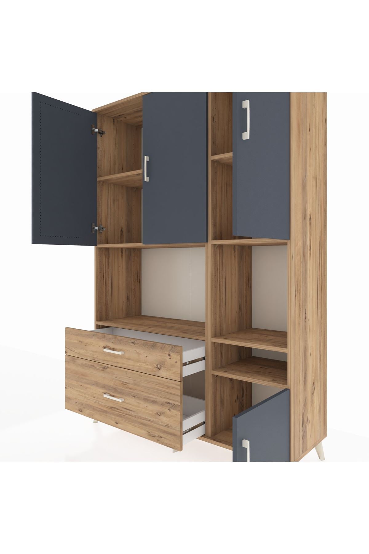 Hyperion Dolap 7 Raflı 2 Çekmeceli 4 Kapaklı 132x44x195 Çam-Antrasit/Çam