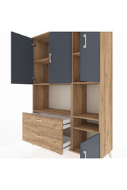 Hyperion Dolap 7 Raflı 2 Çekmeceli 4 Kapaklı 132x44x195 Çam-Antrasit/Çam