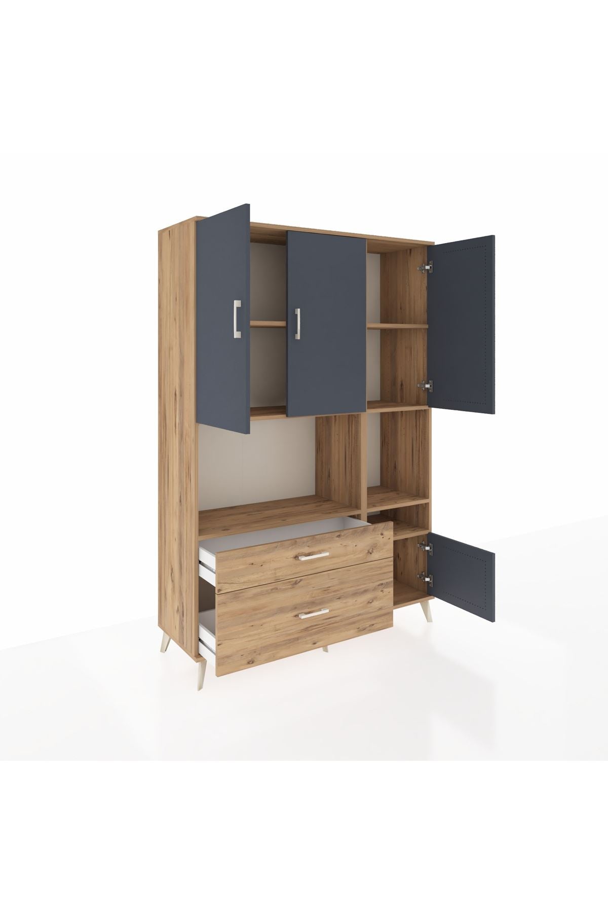 Hyperion Dolap 7 Raflı 2 Çekmeceli 4 Kapaklı 132x44x195 Çam-Antrasit/Çam