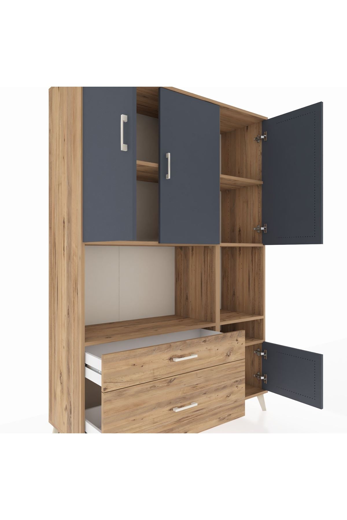 Hyperion Dolap 7 Raflı 2 Çekmeceli 4 Kapaklı 132x44x195 Çam-Antrasit/Çam