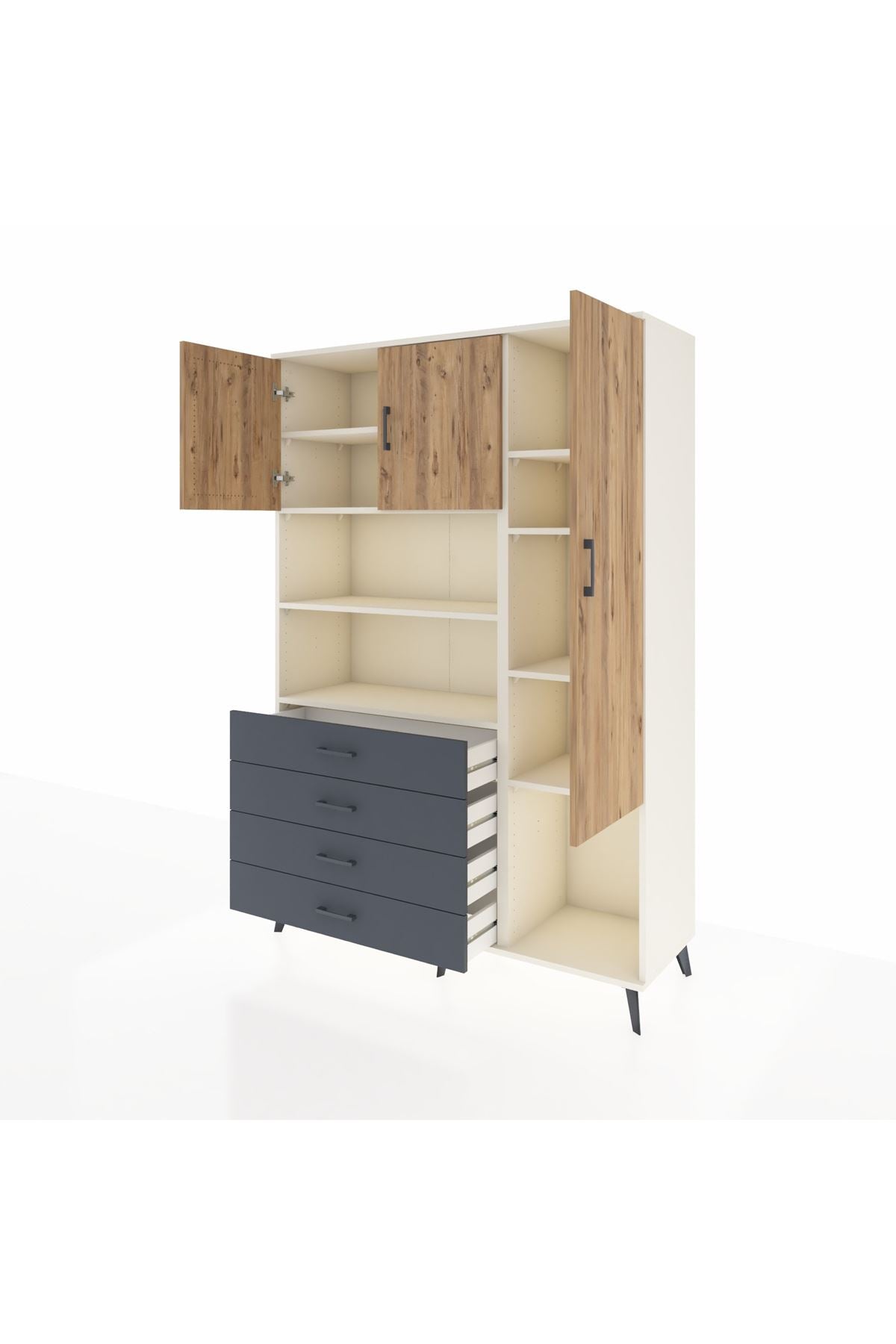 Hyperion Dolap 8 Raflı 4 Çekmeceli 3 Kapaklı 132x44x195 Aytaşı-Çam/Antrasit