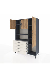 Hyperion Dolap 8 Raflı 4 Çekmeceli 3 Kapaklı 132x44x195 Antrasit-Çam/Aytaşı